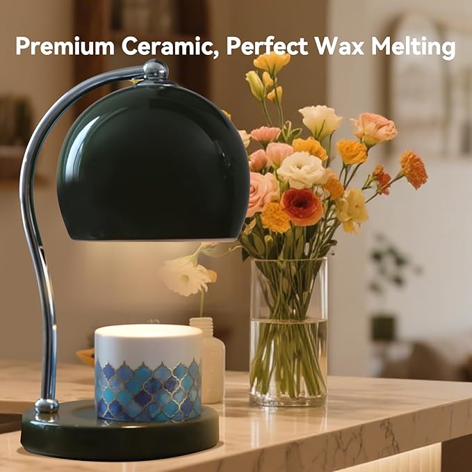 Ceramic Dimmable Candle Warmer Lamp with Timer Fit for Medium Size Candle Jars, Aesthetic Design with 2 Bulbs, House Warming Gifts, New Home Decor, Mother's Day, Birthday Gifts (Green)