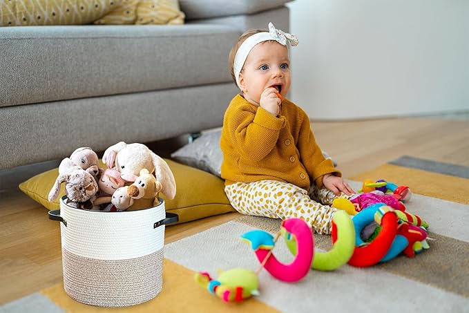 Cotton rope Storage Basket with Zipper cover & Woven baskets with Lid easy to move Multi-Purpose Storage Basket for Living Room, 13 x14 inches(Brown+White)