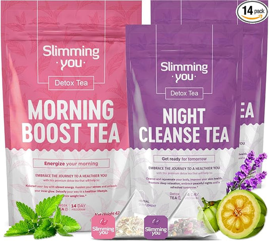 Detox Tea - 14 Day Teatox Herbal Tea for Body Detox Cleanse and Weight Loss - 1 Morning Boost Tea (14 Bags) & 2 Night Cleanse Tea (14 Bags), 100% Natural, Non GMO