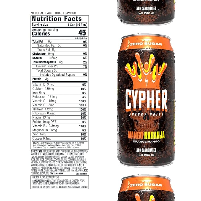 Cypher Sugar Free Energy Drink, Orange Mango – Non-Carbonated & Low Calorie Juice Energy Drink for Lasting Stamina & Focus with 260mg Caffeine, 3g Whey Protein, & 5 Amino Acids (12) 16oz Cans