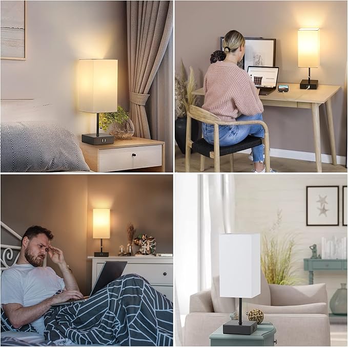 GGOYING Pull Chain Table Lamp, Bedside Lamps with 2 USB Charging Ports, 2700K LED Bulb, White Linen Lampshade for Living Room, Dorm, Office, Home