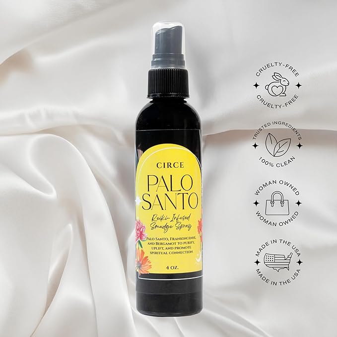 Circe Palo Santo Smudge Spray – 100% Natural Smoke Free Alternative To Purify Space, Elevate Energy & Promote Tranquility -Palo Santo, Frankincense & Bergamot - Meditation, Calm, Self Care, Gift - 4oz