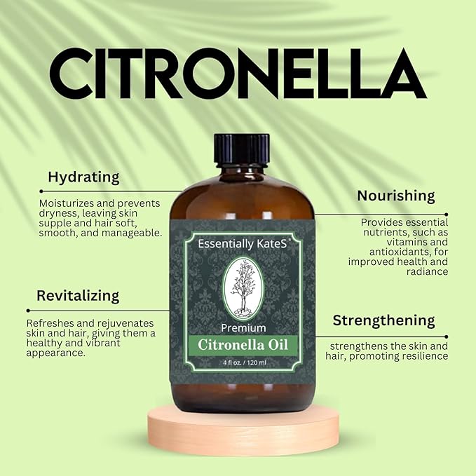 Essentially KateS Premium Citronella Oil 4 Fl Oz - 100% Pure and Natural - with Sprayer and Dropper