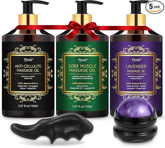 3 Pack Massage Oil for Massage Therapy, Lavender Oil for Relaxation, Sore Muscle Arnica Oil & Cellulite Massage Oil, with Massage Roller Ball & Thumb Saver Massage Tool, Massage Kit for Him Her
