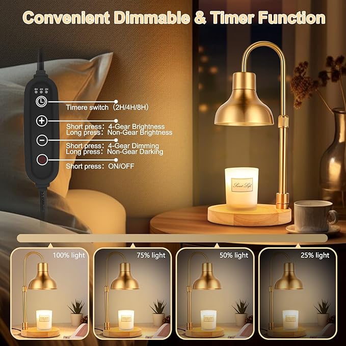 Candle Warmer Lamp with Timer & 3 Bulbs, Dimmable Electric Candle Light Adjustable Height and Brightness Candle Wax Warmer for Jar Candles Bedroom Home Decor House Warming Gift (Gold)