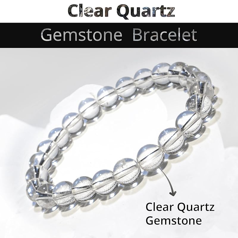 Clear Quartz Bracelet, Natural Healing Crystal Bracelet for Women and Men, 8mm Round Beaded Bracelet for Spiritual, Protection, Positive Energy, Elastic Adjustable Size Gemstone Bead Bracelet