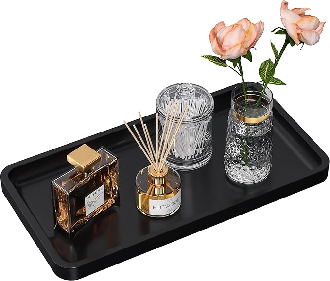 Bathroom Vanity Tray for Countertop - Bamboo Organizer Tray for Dresser Tops, Toilet, Perfume Small Decorative Wood Tray for Home Decoration 11.4” L x 6.1” W x 0.7” H (Black)