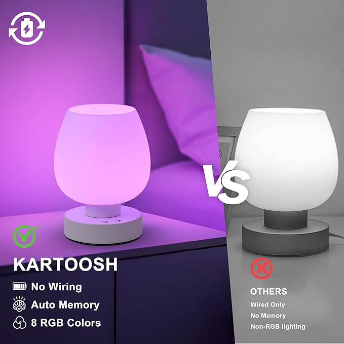 Cordless Portable Touch Bedside Table Lamp - Rechargeable Modern Small Table Lamp with White Glass Shade, Stepless Dimmable & 8 RGB Colors & Memory, Desk Lamp for Nursery Bedroom Nightstand, Gifts