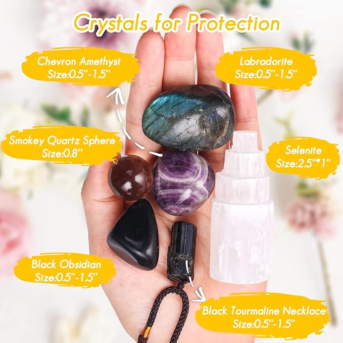 QianCannaor Protection Crystals and Healing Stones, Black Tourmaline Necklace, Selenite Tower,Smokey Quartz Sphere,Black Obsidian Healing Crystals Set for Meditation Accessories,Witchcraft Supplies