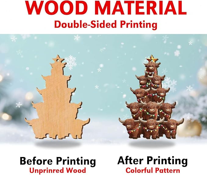 Highland Cow Christmas Tree Wooden Ornament – Cute Farm Animal Holiday Decor for Tree, Gifts for Cow Lovers, Rustic Wooden Christmas Decoration