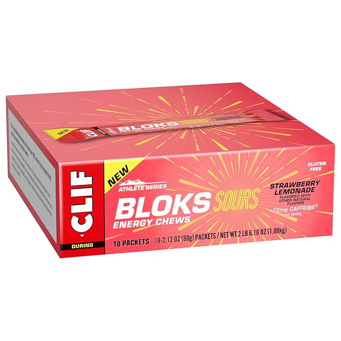 Clif Bloks Sours - Strawberry Lemonade Flavor with Caffeine - Energy Chews - Non-GMO - Plant Based - Fast Fuel for Cycling and Running - Quick Carbohydrates and Electrolytes - 2.12 oz. (18 Count)
