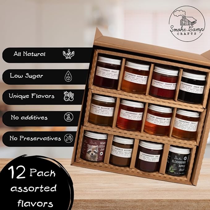Gourmet Jellies & Jam Gift Set, Assorted Low Sugar Jam & Jellies, Jam & Jelly Gift Sets, Jams, Jellies & Preserves (12 pack) - Smoke Camp Crafts