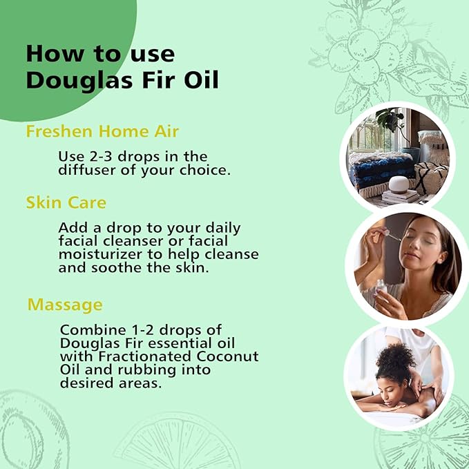 Douglas Fir Essential Oil 10ml - 100% Pure & Natural Douglas Fir Oil for Diffuser, Aromatherapy, Massage, Skin, Hair, Fresh Woodsy Scent