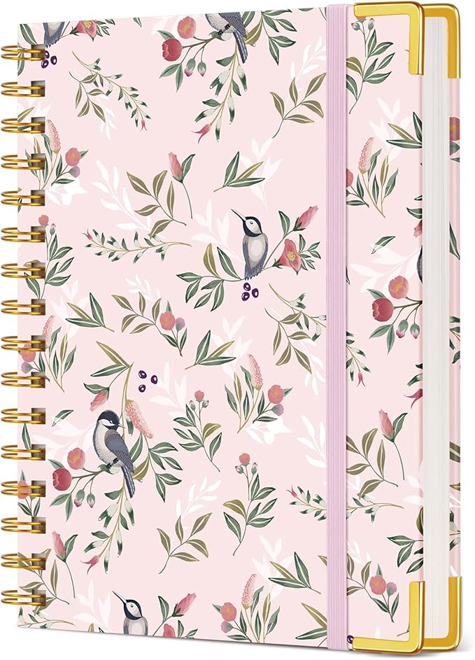 Cute Spiral Notebook Journal for Women, 160 Pages Lined Notebooks 5.75” x 8.38”, A5 Hardcover Spiral Journals with 100 GSM Thick Paper, College Ruled Notebook for Writing Work School, Woodland Floral