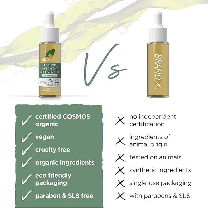 Dr. Organic Ageless Overnight Recovery Oil with Seaweed | Smoothing and Plumping, Maximum Hydration for All Skin Types, Dermatologically Tested, Certified Organic, Paraben & SLS-Free, 30 mL / 1 fl oz