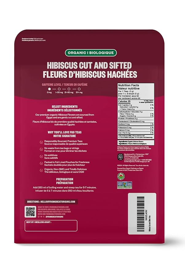 FGO Organic Hibiscus Flowers, Cut and Sifted, 16oz Bulk Resealable Bag, Packaging May Vary (Pack of 1)
