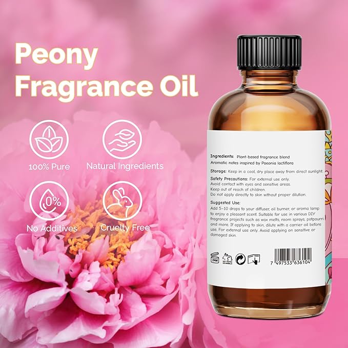 Peony Fragrance Oil 2 Oz, Natural Scent Oil for Home Essential Oils Diffuser, Candle Making, Soap Making, DIY Body Oils, Perfume, Body Mist, Spray - Luxury Scent