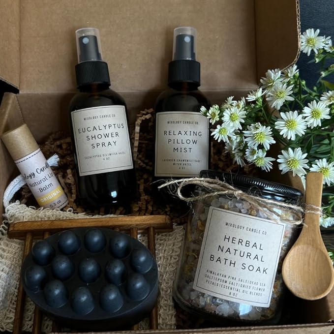 Handmade Spa Set, Natural Self-Care Essentials, Relaxing Gift Sets for Her,Gifts for Women, herbal natural bath soak, natural lip balm,relaxing pillow mist, Eucalyptus shower spray, Charcoal Soap Bar