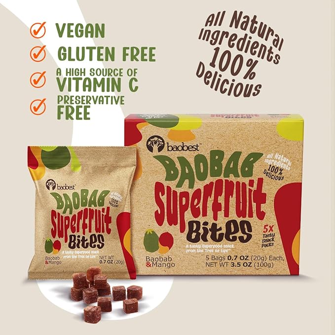Baobest Superfruit Bites - Baobab Superfruit Variety Pack - Berry, Mango, and Raspberry - Vegan, Gluten Free, High in Vitamin C, Preservative-Free, Superfood Snack from the Tree of Life - 15 Servings