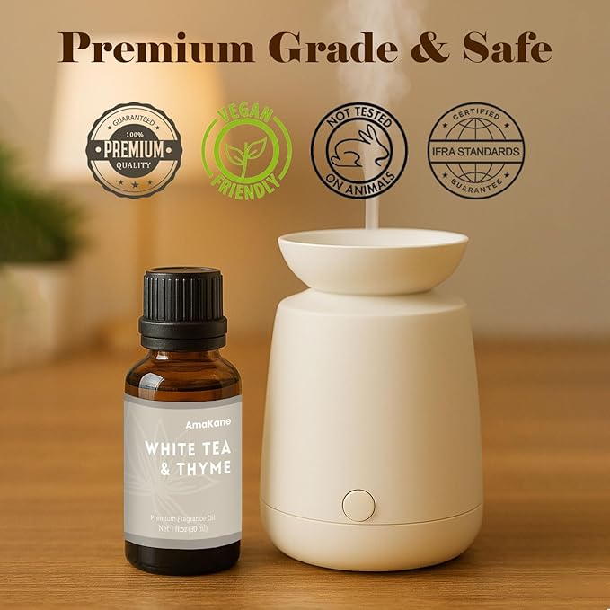 AmaKane White Tea& Thyme Fragrance Oil 30ml, Hotel Essential Oil Inspired by Hilton Hotels, Premium Diffuser Oil for Home, Long-Lasting Aromatherapy Oil, Candle & Soap Making Scents