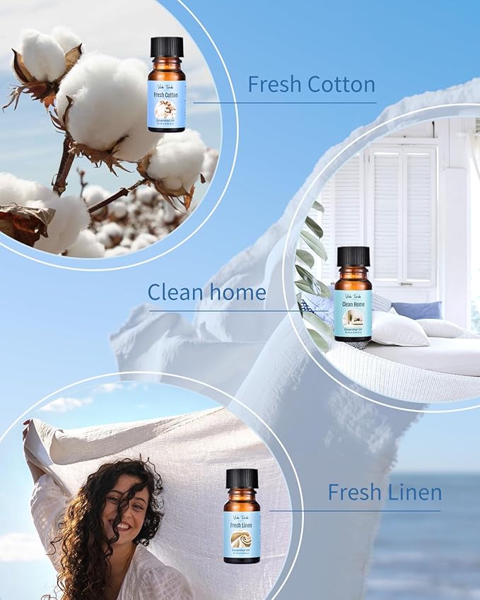 Clean Fragrance Oils Set, Premium Essential Oils for Diffuser, Candle & Soap Making, Freshie Scents - Fresh Cotton, Fresh Linen, Soap, Clean Air & Home, Aloe