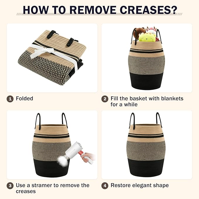 Fiona's magic 65L Cotton Rope Laundry Hamper, Large Woven Tall Laundry Basket for Storage Clothes and Toy in Bedroom, Living Room Organizing, Collapsible, Brown & Black