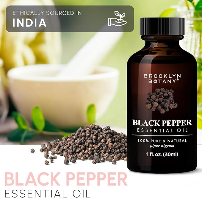 Brooklyn Botany Black Pepper Essential Oil - 100% Pure and Natural - Premium Grade Oil with Dropper - for Aromatherapy and Diffuser - 1 Fl Oz