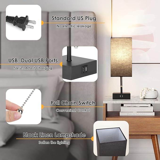 GGOYING USB Bedside Table Lamp, Pull Chain Nightstand Table Lamp with 2700K LED Bulb, Black Fabric Linen Lampshade, USB C+A Charging Ports for Living Room Bedroom Office