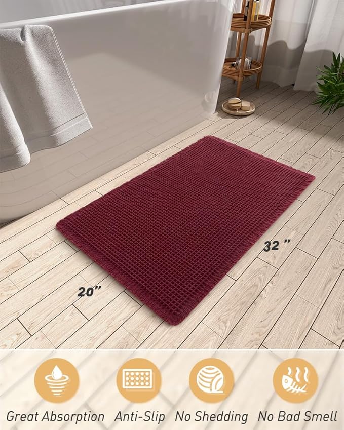 AMOAMI Upgraded Waffle Bath Mat, Super Absorbent Non Slip Bath Mats for Bathroom Floor, Machine Washable Bathroom Rugs with Tassels, Rubber Backed Bathroom Mats, Ultra Soft, 20" x 32", Burgundy
