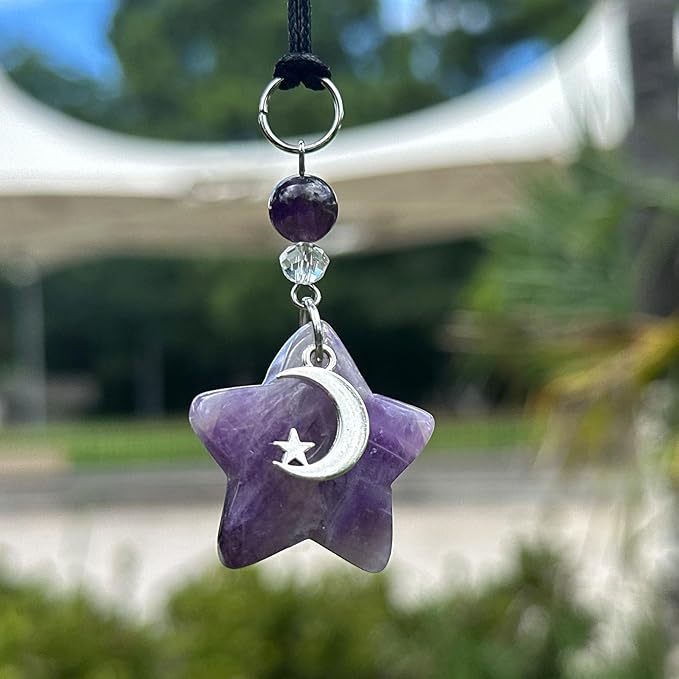 CASONA Purple Crystal Star Car Charm,Rearview Mirror Dangling Accessories,Boho Car Hanging Ornament with Moon Bead,Spiritual Purple Decor for Women