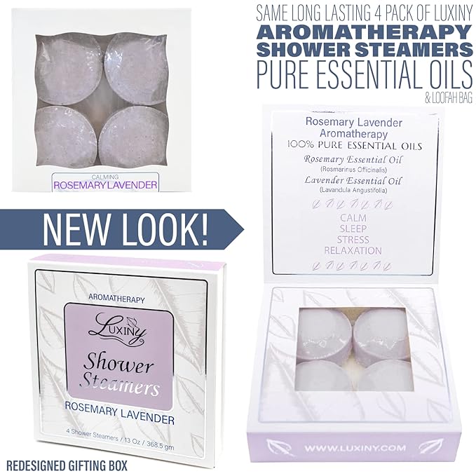 Shower Bombs Aromatherapy in Your Shower, American Made by Luxiny, Shower Steamer Tablets Melt to Release a Fragrant Vapor for Natural Stress Relief – Pack of 4 XL Steamers (Rosemary Lavender)