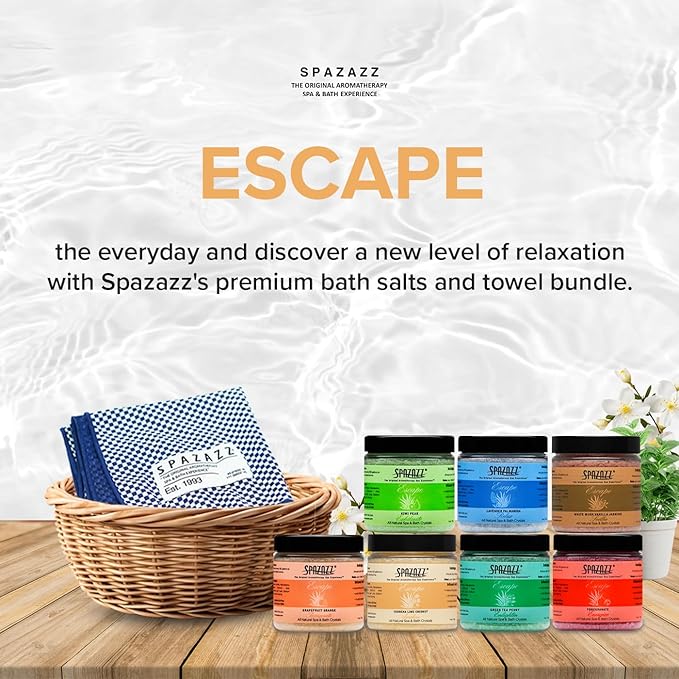 Hot Tub & Spa Bath Salt Aromatherapy Crystals - Spazazz Escape Collection 4 Oz 7-Pack Sampler & Hot Cold Towel - Lavender, Lime Coconut, Green Tea, Vanilla Jasmine, Kiwi Pear, Grapefruit, Pomegranate