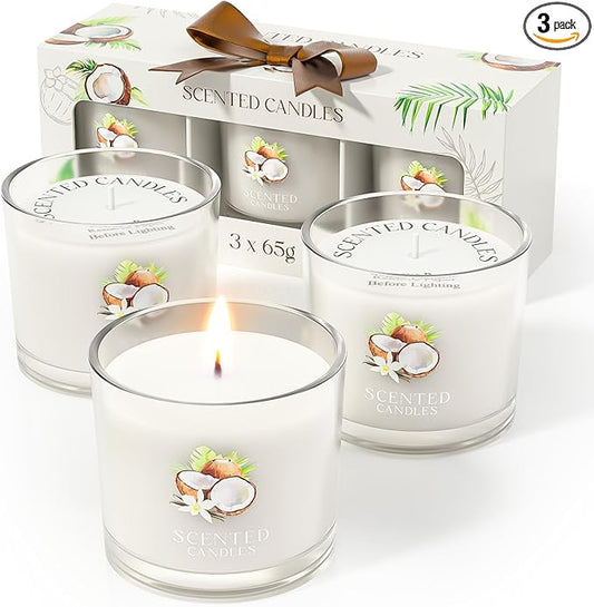 Coconut Candle, Scented Candles Gifts for Women, Candles Gift Set for Her, 3 Scented Votive Candles, Birthday Gifts for Women/Men (White, 7 oz)