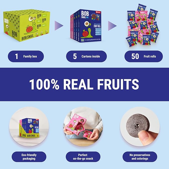 Bob Snail Exotic Mix Fruit Roll Ups – Healthy Sweets, Real Dried Fruits Snacks, No Added Sugar, Vegan, Nut Free, Candy for Adults and Kids – Flavour 50 pcs, 500g (Blueberry & Raspberry)