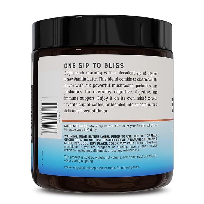 Beyond Brew Vanilla Latte Coffee Alternative - Mushroom Complex w/Lion’s Mane, Reishi, Cordyceps & Chaga for Sustained Focus, Energy & Immunity Support. Prebiotics & Probiotics Support Gut Health (Pa