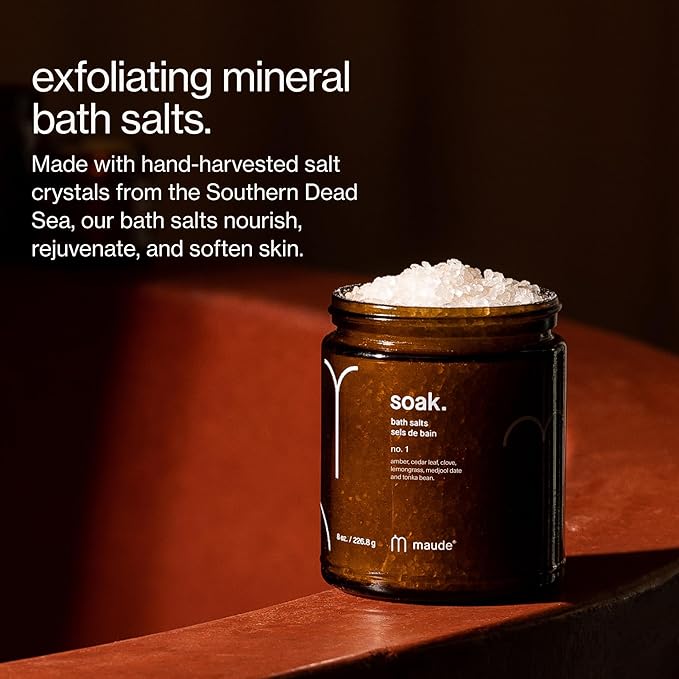 Maude Soak No. 1 - Nourishing Mineral Bath Salts - Hand-Harvested Dead Sea Salt with Magnesium & Potassium Chloride - Soften & Rejuvenate Skin - Notes of Amber, Cedar Leaf & Clove (8 oz)