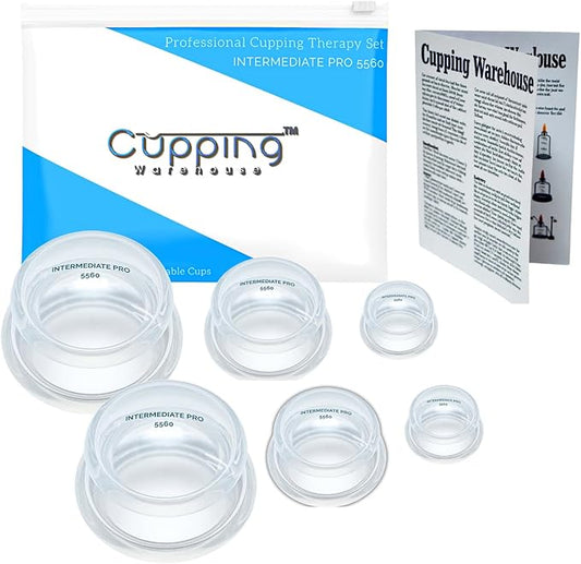 Cupping Warehouse Supreme 6 INT Pro 5560 Silicone Cupping Set - Cupping Kit for Massage Therapy-Soft Ultra Clear Dye-Free for Body Sculpt, Cellulite, Scar & Pain (2S 1.5", 2M 2", 2L 2.5") - Not 6065