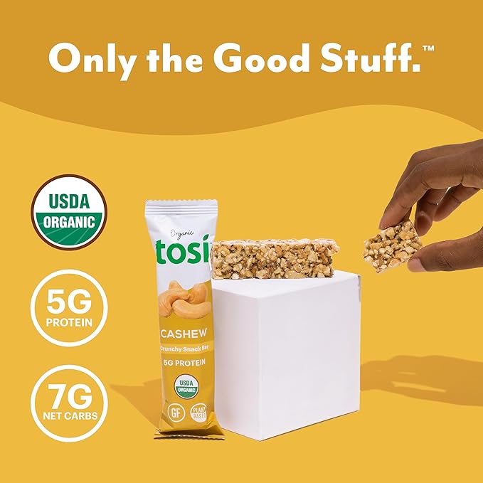 Tosi Almond and Cashew Protein Bars Combo, Plant Based with Nuts, Gluten-Free Crunchy Snacks, Vegan, Organic, Flax & Chia Seeds, Soy-Free, Omega 3s, 5G Protein, 1 oz, 12-Pack