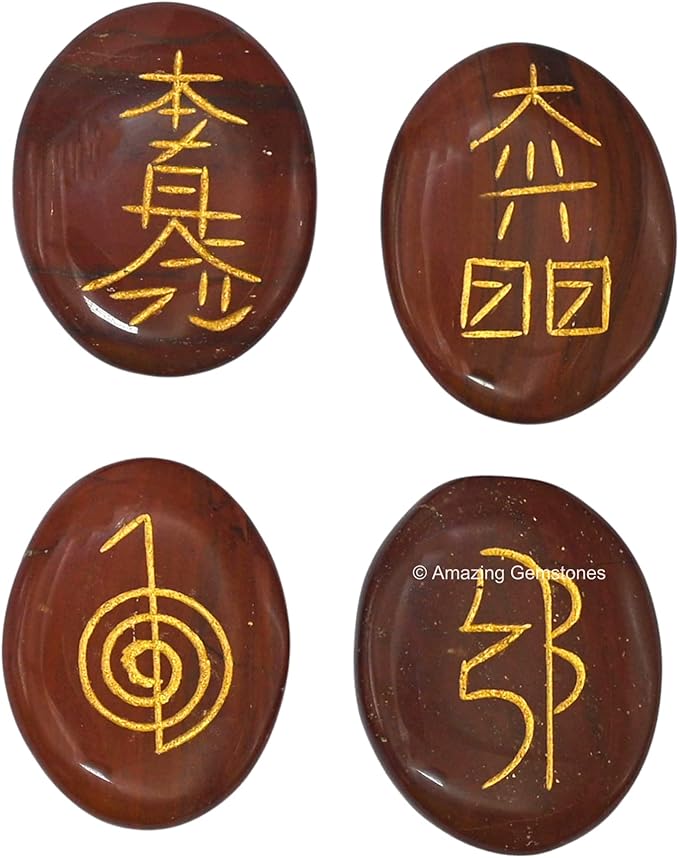 Amazing Gemstone Red Jasper Crystal Reiki Stones with Engraved Symbols for Usui Reiki Healing, Set of 4 Pcs (Indian Handmade Reiki Gift Set)