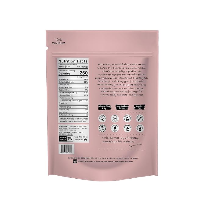 TwelVita Wholesome Baked Shiitake Mushroom Crisps, Vegan Snacks, Clean Label, Non-GMO, Gluten-Free, 1.76 oz ea, Pack of 4