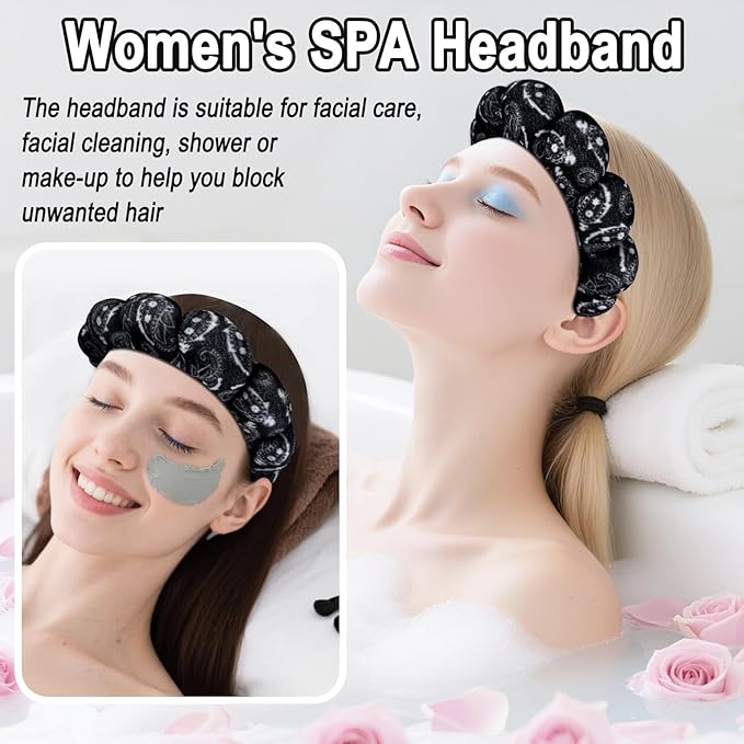 Zkptops Spa Headband for Washing Face Wristband Set Sponge Makeup Skincare Velvet Fabric Bubble Soft Get Ready Hairbands for Women Puffy Headwear Non Slip Thick Thin Hair Accessory(Black Large Nuts)