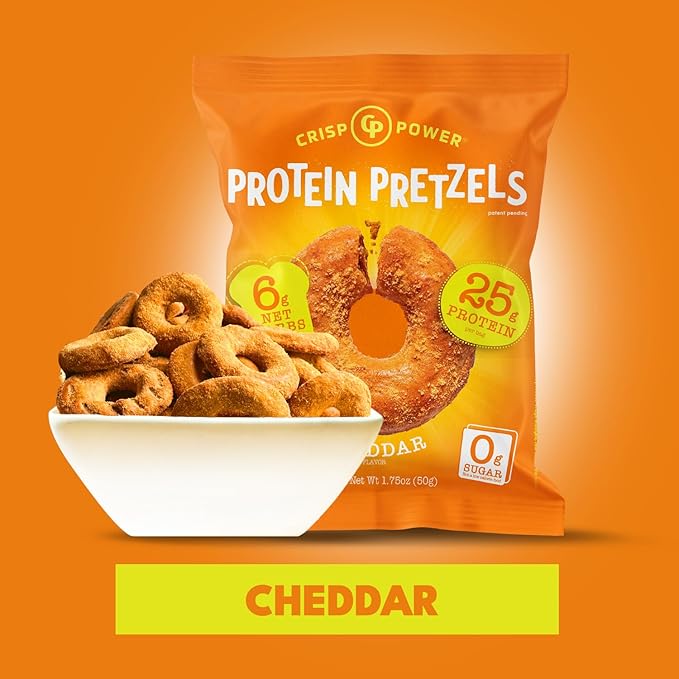 Crisp Power High Protein Pretzel Crisps - 6 Pack x 1.75 oz Crunchy & Flavorful Plant-Based Snack. No Sugar, 28g Protein Per Pack in 3 Savory Flavors, Vegan, Keto Friendly, Non-GMO, Kosher Non-Dairy (1.75 Ounce (Pack of 24), Cheddar)