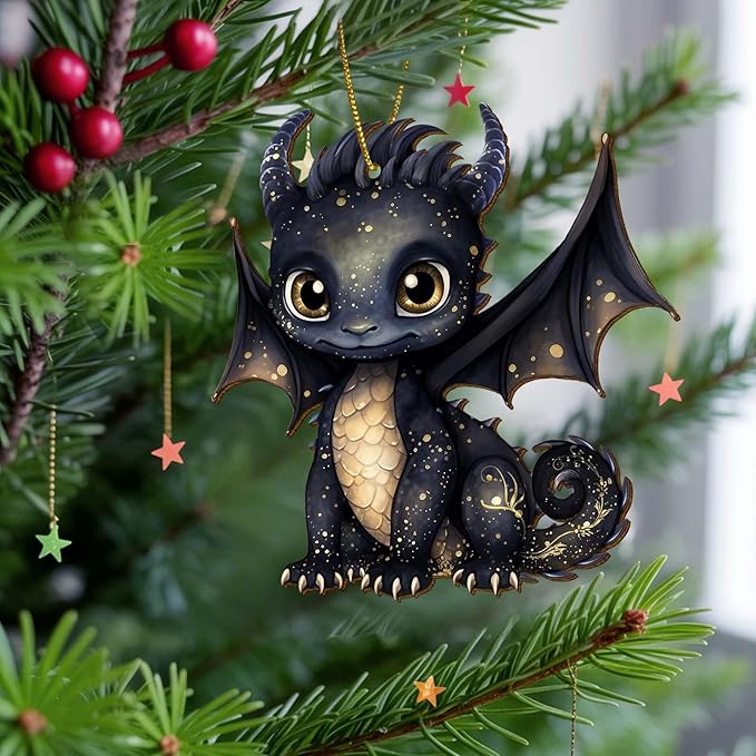Black Dragon Christmas Tree Keepsake Ornaments, Funny Dragons Themed 2 Side Printed Flat Wooden Ornament, Xmas Hanging Decor