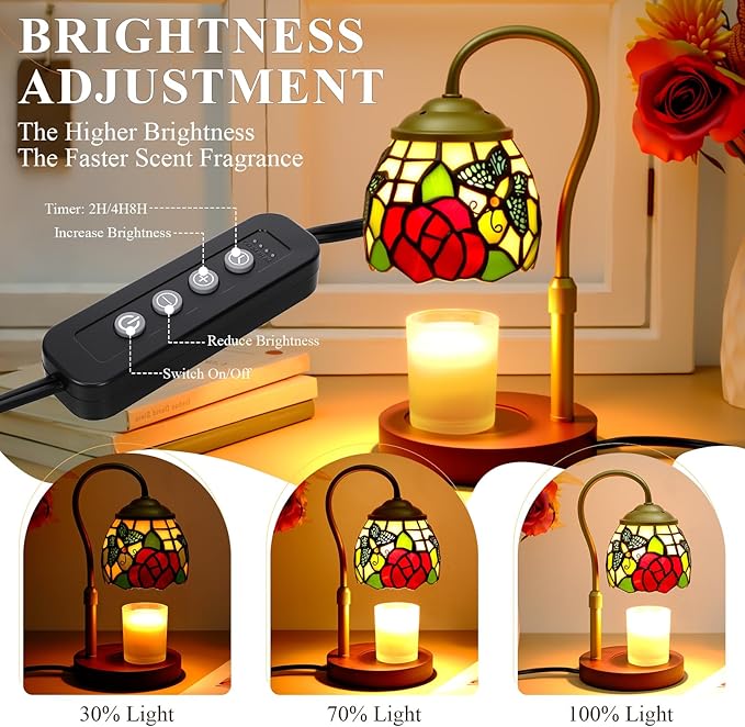 Candle Warmer Lamp with Timer Dimmer, Butterfly Tiffany Style Stained Glass Candle Lamp Warmer, Adjustable Wax Melt Warmer with 2 Bulbs for Small Jar Candles Birthday Gifts for Women Mom Friend