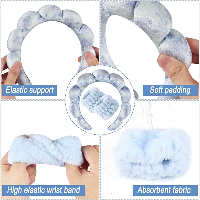 Zkptops Spa Headband for Washing Face Wristband Set Flower Sponge Makeup Skincare Velvet Fabric Bubble Soft Get Ready Hairband for Women Puffy Headwear Non Slip Thick Thin Hair Accessory(Blue Flowers)