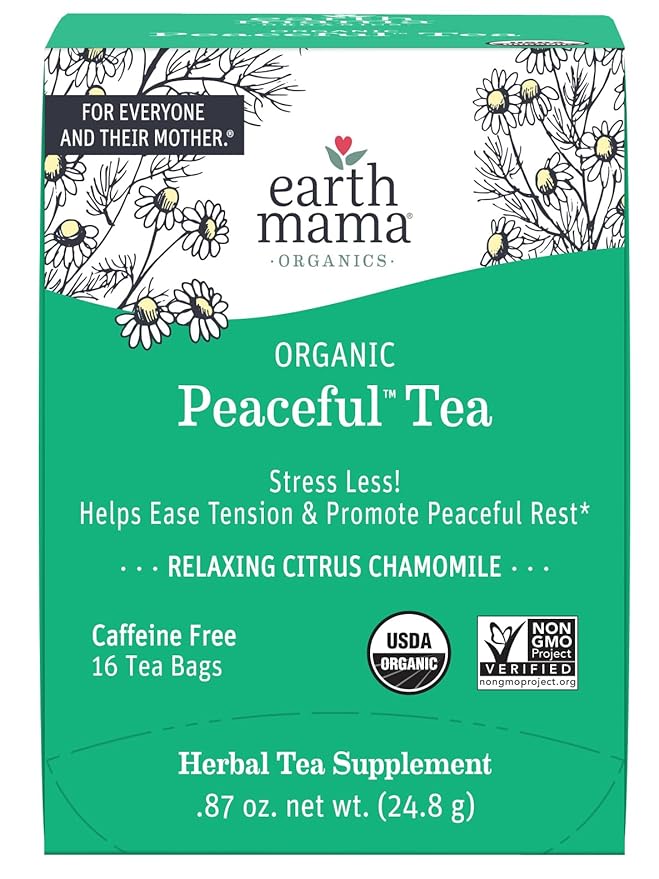 Earth Mama Organic Peaceful™ Tea | Stress Less! Calming, Relaxing Herbal Blend Safe for Pregnancy & Beyond, 16 Teabags Per Box
