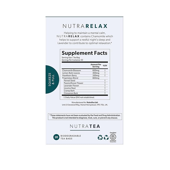 NUTRARELAX - Sleep and Calming Tea – Helps with Relaxation and Sleep – Includes Chamomile, Lemon Balm and Passionflower - 20 Enveloped Tea Bags - by Nutra Tea - Herbal Tea