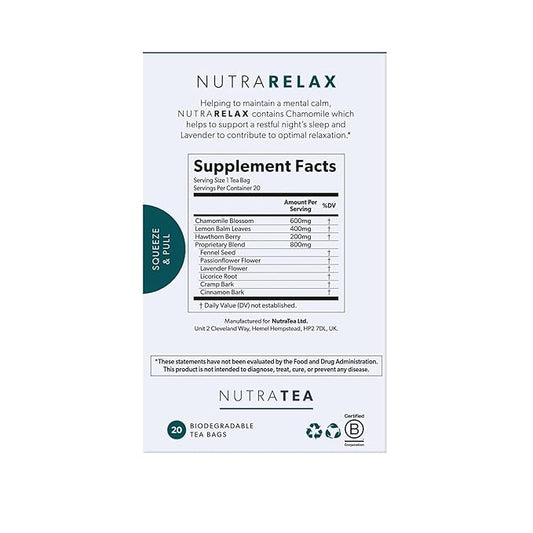 NUTRARELAX - Sleep and Calming Tea – Helps with Relaxation and Sleep – Includes Chamomile, Lemon Balm and Passionflower - 20 Enveloped Tea Bags - by Nutra Tea - Herbal Tea