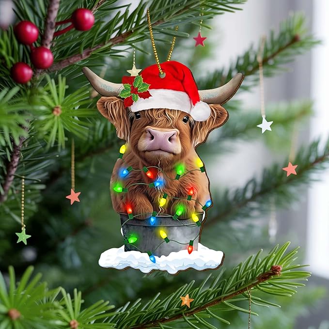 Highland Cow Christmas Tree Keepsake Ornaments, Farmhouse Themed 2 Side Printed Flat Wooden Ornament, Farm Animal Xmas Hanging Decor