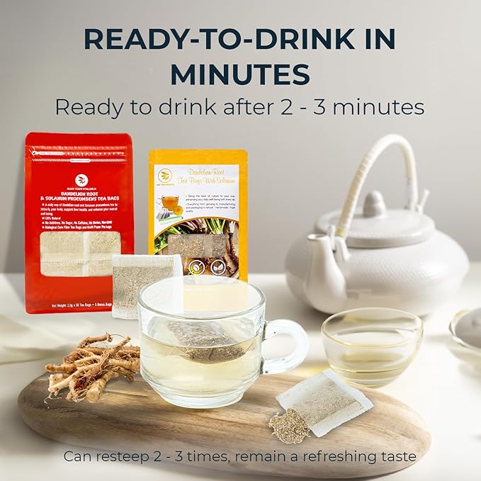 Natural Dandelion Root Tea with Solanum Trilobatum - 55 Count (+5 Tea Bags) - 5.15 oz, Bamboo Tong, Re-Steep Pure Herbal Tea Detox Blend for Strength Balance, Energy Support